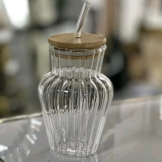 VASO CON TAPA Y PITILLO DE VIDRIO CUELLO ALTO