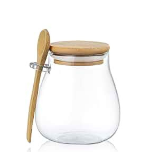 CONTENEDOR DE VIDRIO CON TAPA Y CUCHARA DE MADERA GRANDE