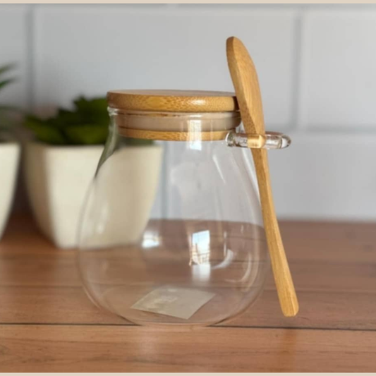 CONTENEDOR DE VIDRIO CON TAPA Y CUCHARA DE MADERA PEQUEÑO