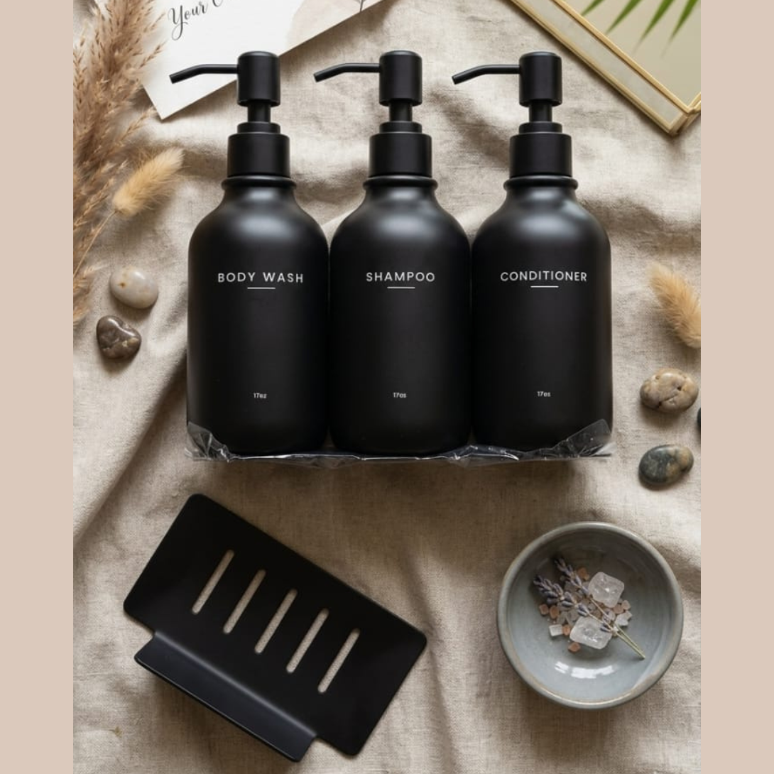 KIT DE BAÑO CON DISPENSADORES NEGRO Y JABONERA