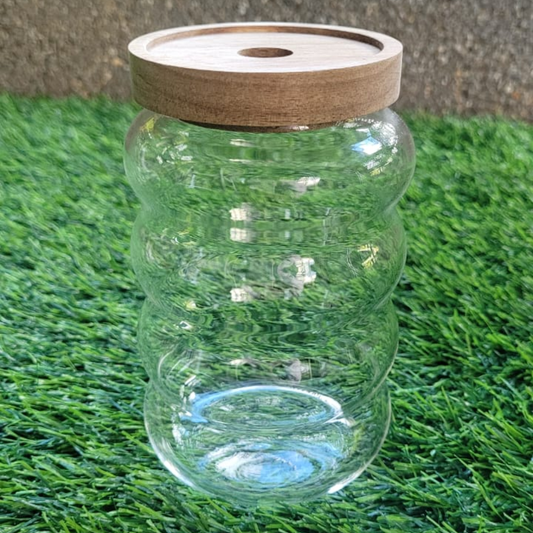 ENVASE DE VIDRIO ONDULADO CON TAPA DE MADERA TALLA L