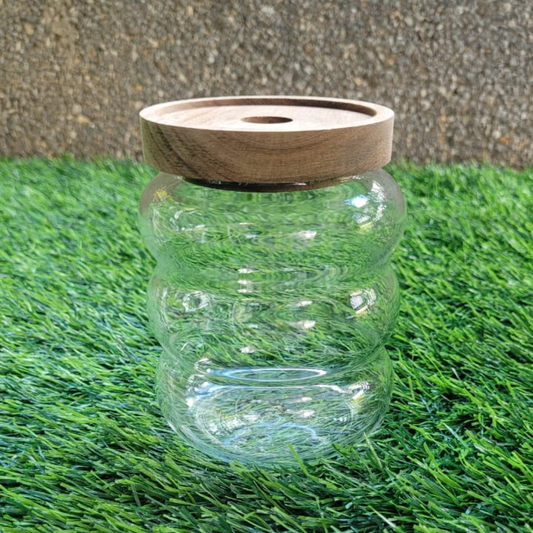 ENVASE DE VIDRIO ONDULADO CON TAPA DE MADERA TALLA M