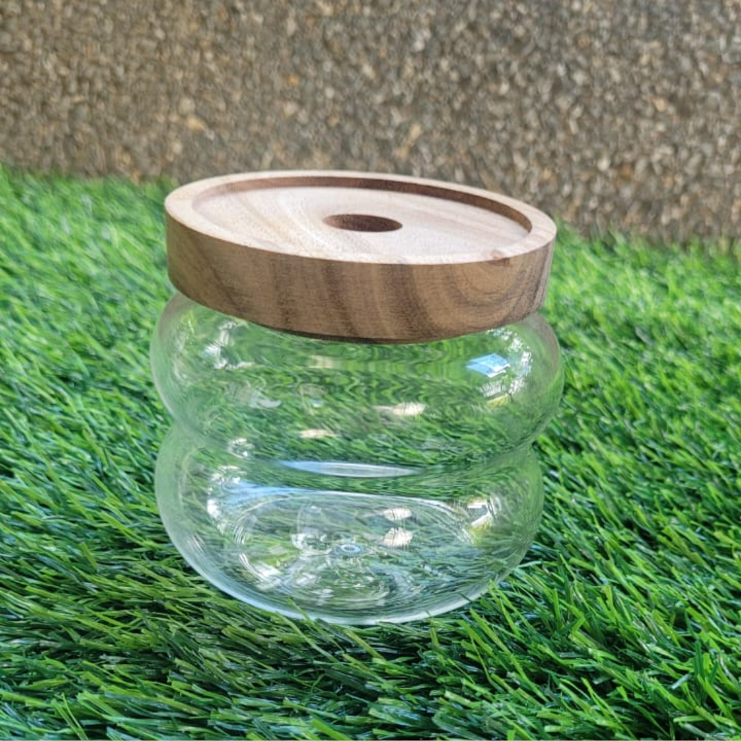 ENVASE DE VIDRIO ONDULADO CON TAPA DE MADERA TALLA S