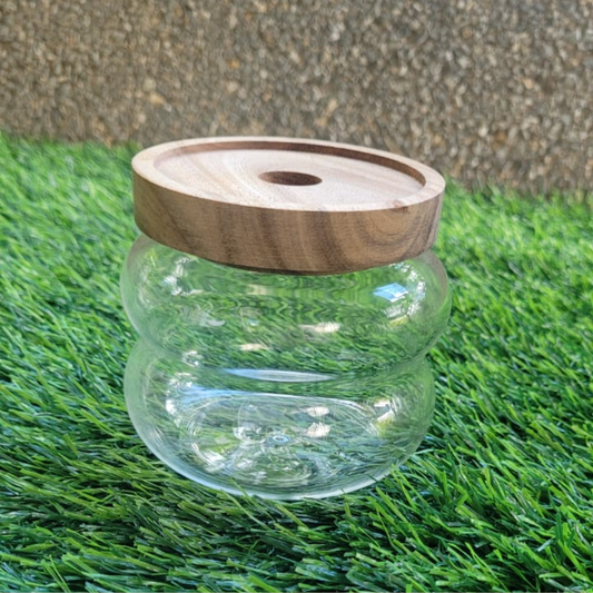 ENVASE DE VIDRIO ONDULADO CON TAPA DE MADERA TALLA S