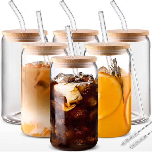 VASO DE VIDRIO REDONDO CON TAPA DE MADERA Y PITILLO PEQUEÑO CADA UNO