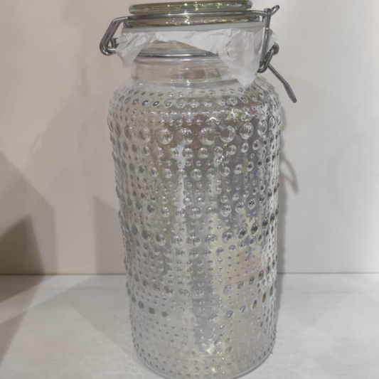 ENVASE DE VIDRIO CON TAPA Y TEXTURA DE CIRCULOS TORNASOL TALLA M