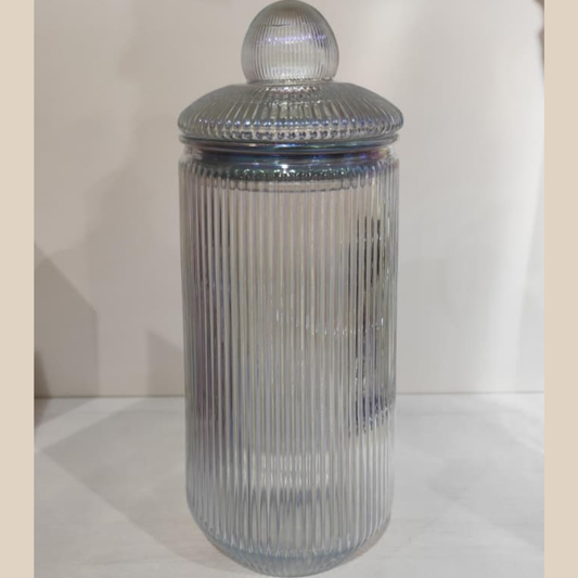 ENVASE DE VIDRIO CON TAPA Y TEXTURA DE LINEAS TORNASOL TALLA S