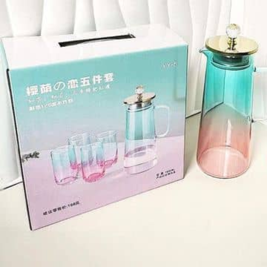 SET DE 4 VASOS Y JARRA DE VIDRIO DE COLORES