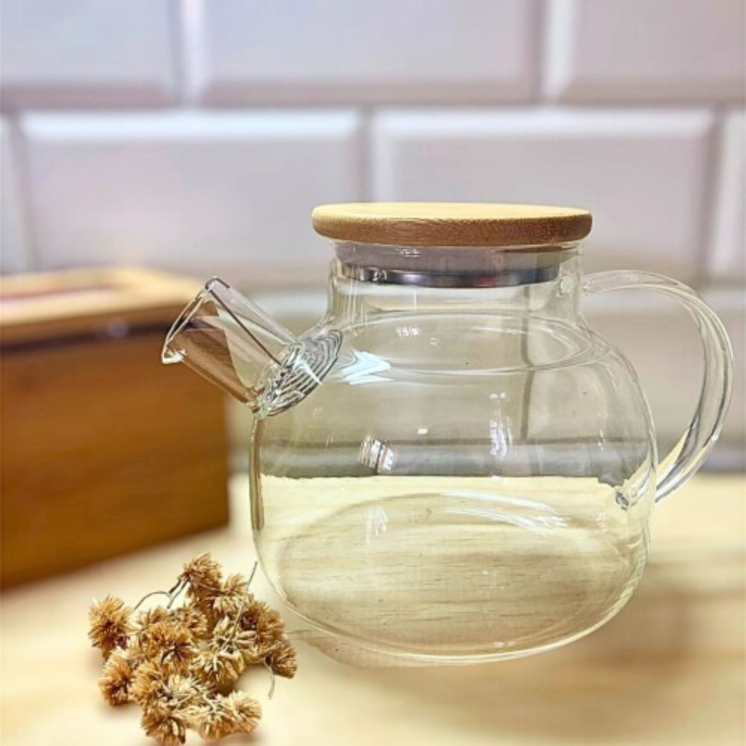 JARRA DE VIDRIO TIPO TETERA CON TAPA DE MADERA