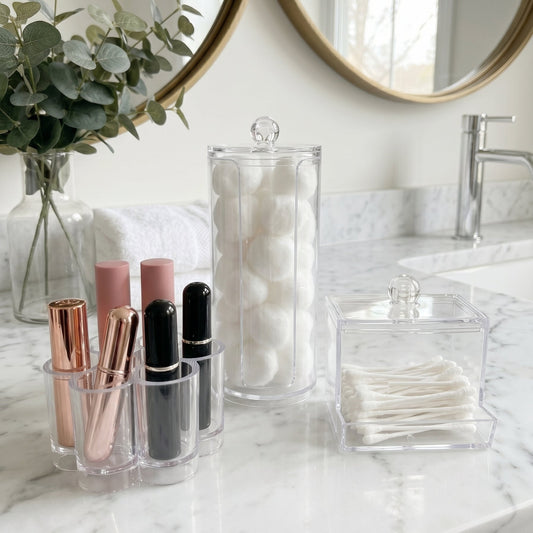 KIT DE 3 ORGANIZADORES PARA BAÑO LABIALES, HISOPOS Y ALGODON