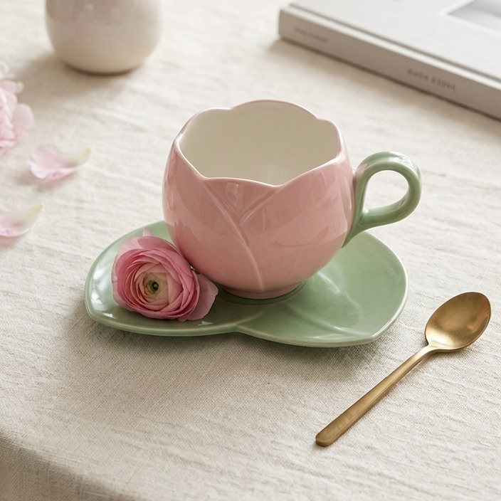 TAZA EN FORMA DE TULIPAN CON PLATO EN FORMA DE HOJA