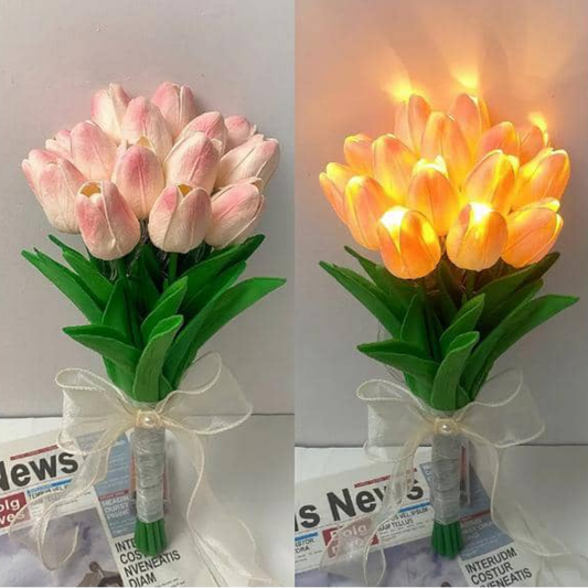 KIT DE 10 TULIPANES ROSADO CON BLANCO CON LUCES