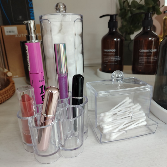 KIT DE 3 ORGANIZADORES PARA BAÑO LABIALES, HISOPOS Y ALGODON
