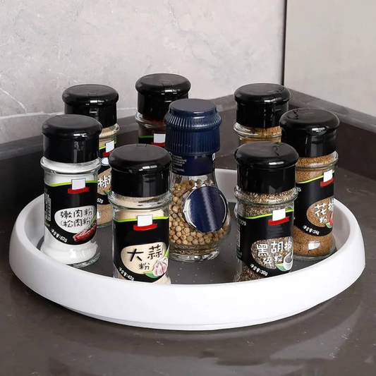 BANDEJA GIRATORIA REDONDA BLANCA CON FONDO GRIS