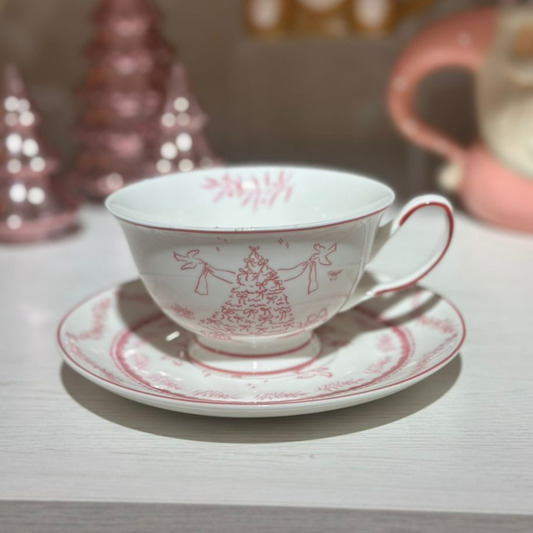 TAZA CON PLATO BLANCA Y DISEÑO DE NAVIDAD ROSADO