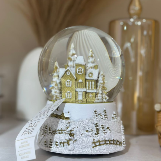 BOLA DE CRISTAL NAVIDAD CASITAS CON DORADO MUSICAL