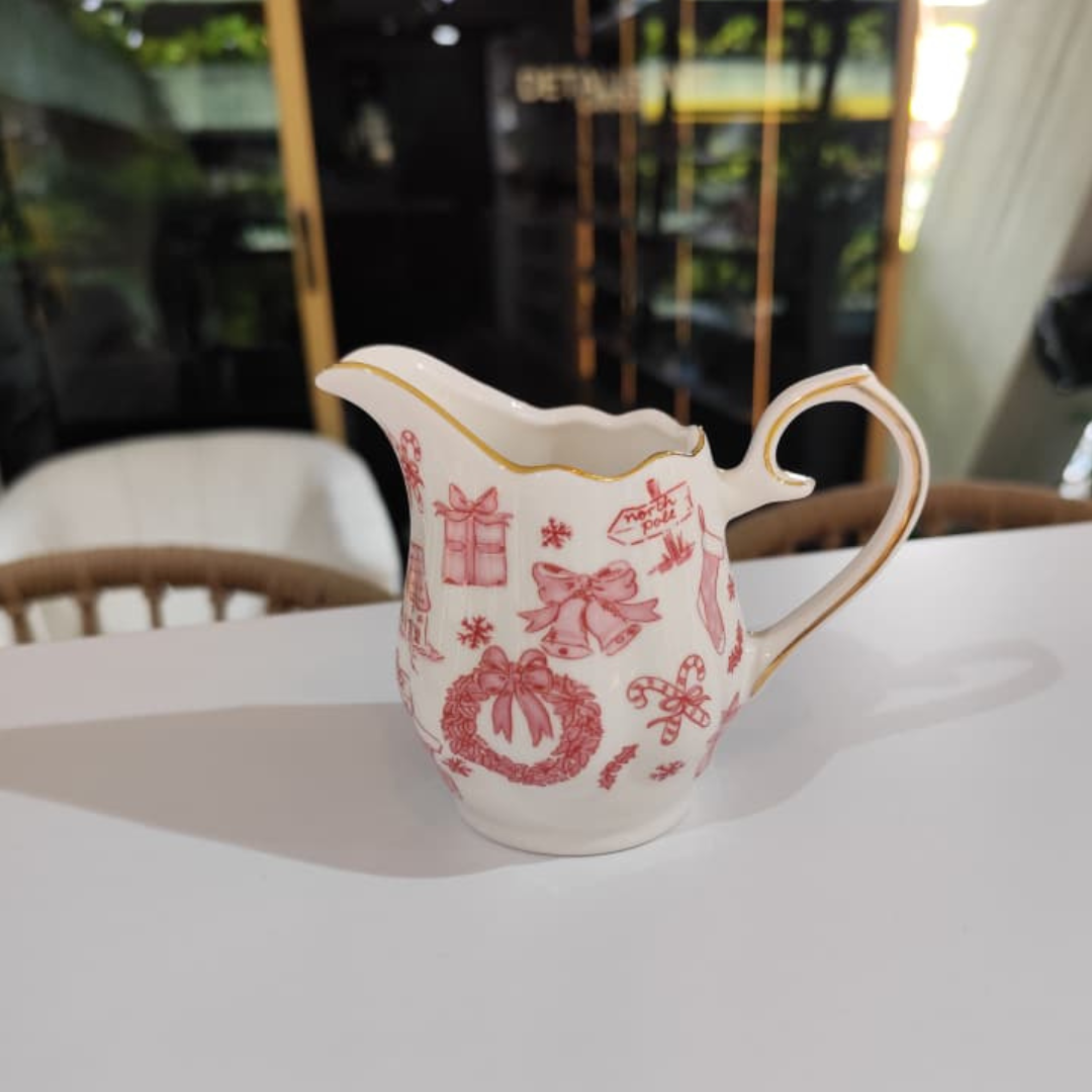 JARRA DE CREMA DE PORCELANA BLANCA CON DISEÑO NAVIDAD ROSADO