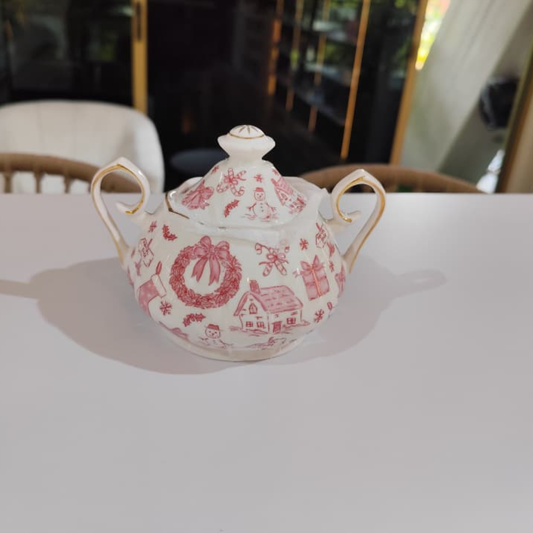 AZUCARERA DE PORCELANA BLANCA CON DISEÑO ROSADO