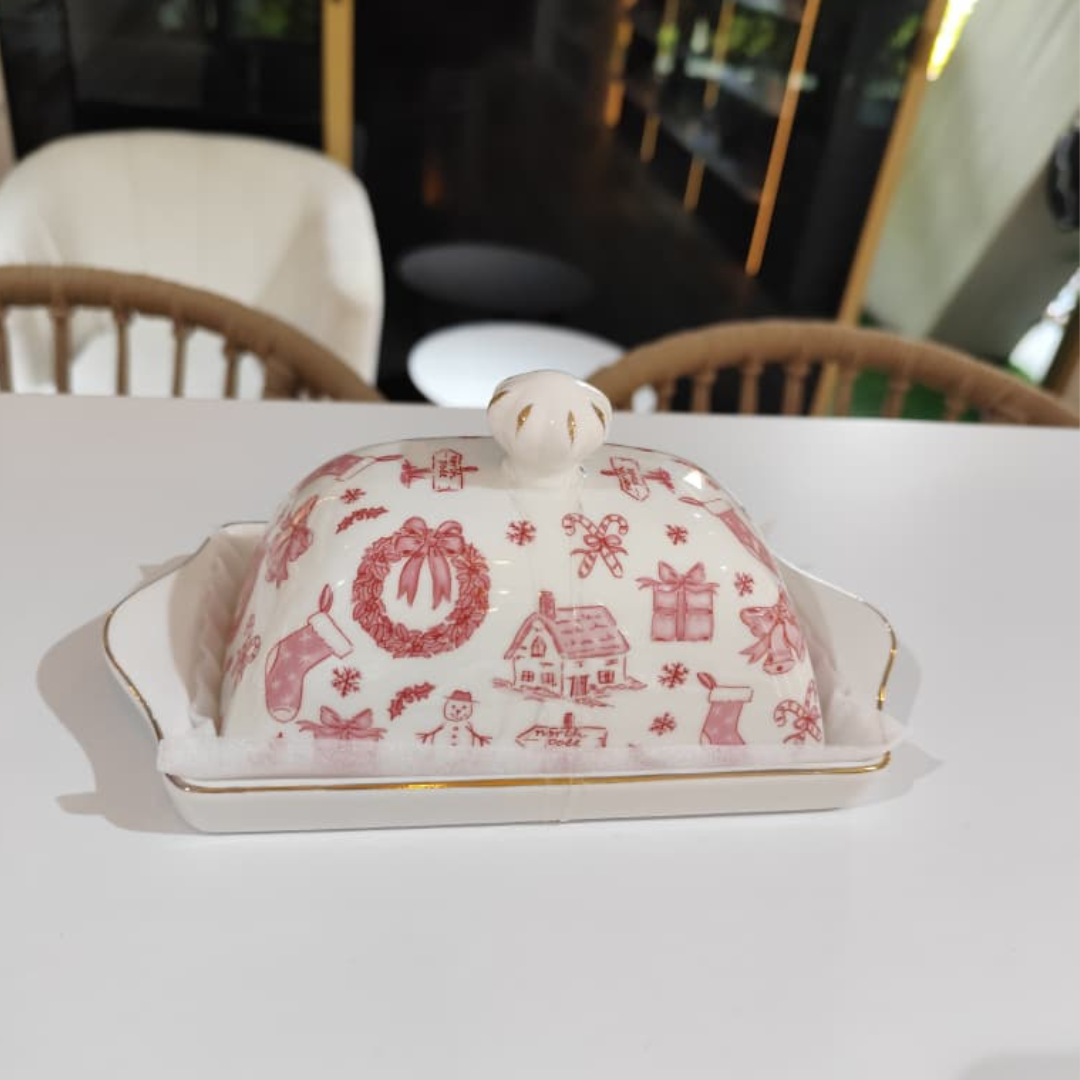 MANTEQUILLERA BLANCA CON DISEÑO NAVIDAD ROSADO