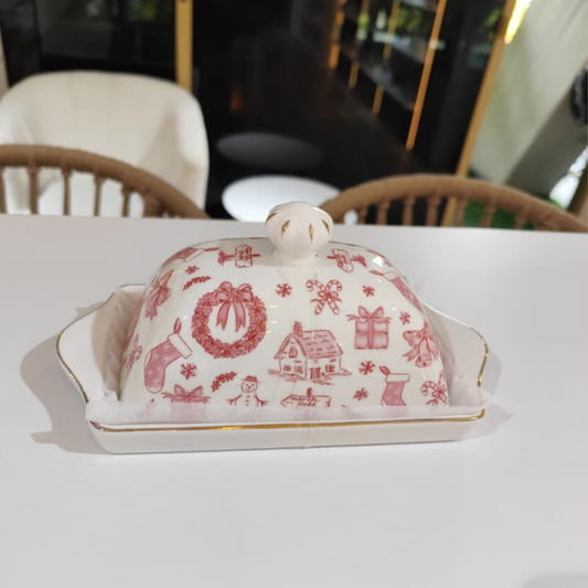 MANTEQUILLERA BLANCA CON DISEÑO NAVIDAD ROSADO