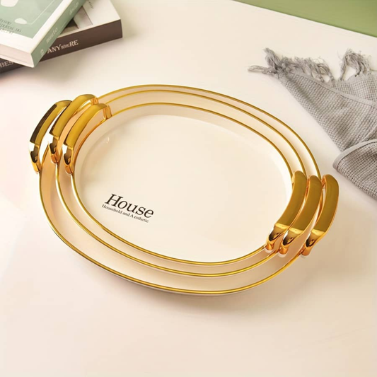 BANDEJA PARA SERVIR OVALADA BLANCA CON ASAS DORADAS