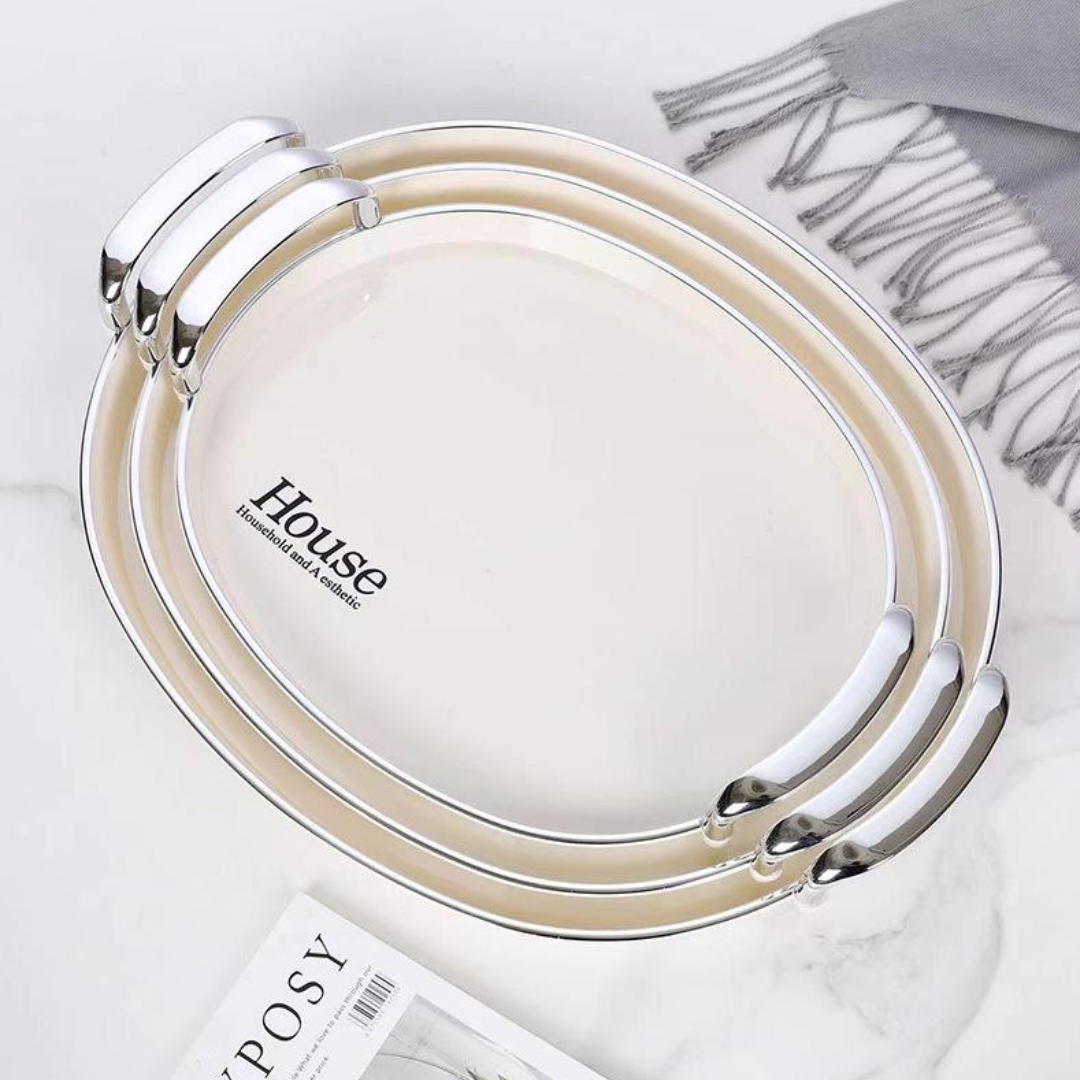 BANDEJA PARA SERVIR OVALADA BLANCA CON ASAS PLATEADAS