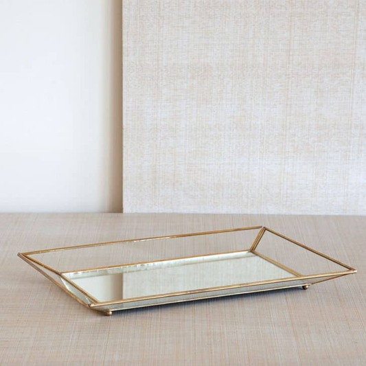 BANDEJA DE VIDRIO CON BORDES DORADOS RECTANGULAR
