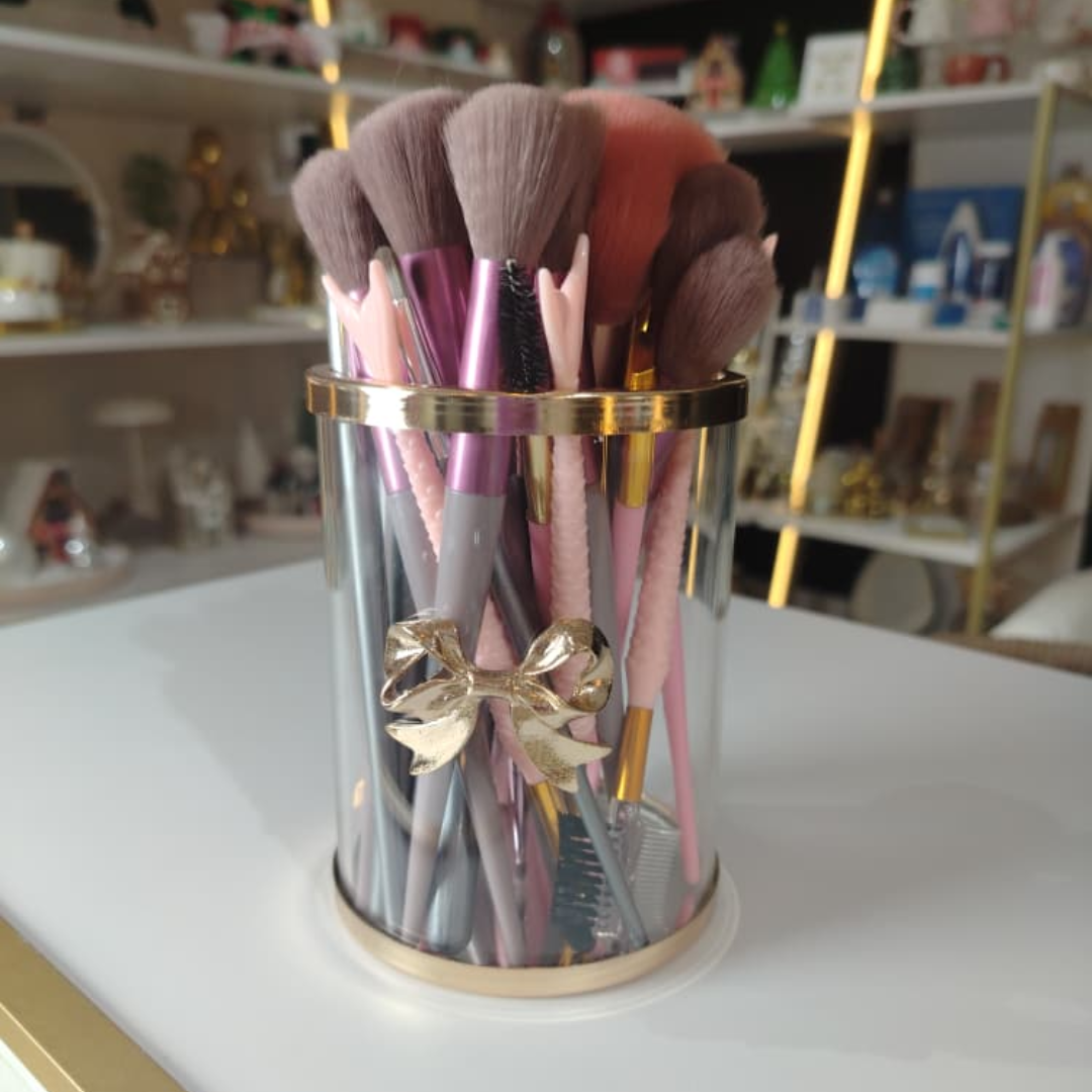 ORGANIZADOR DE BROCHAS CON ESPEJO REDONDO CON BORDES Y LAZO DORADO