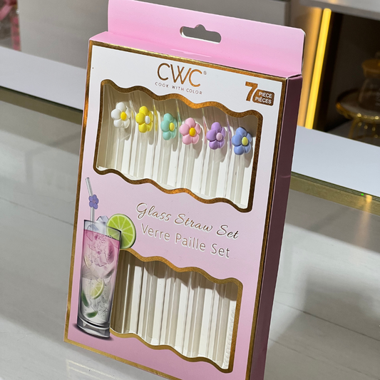 CAJA DE 6 PITILLOS TRANSPARENTES CON FLORES DE COLORES Y CEPILLO LIMPIADOR