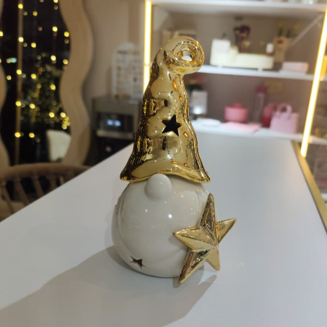 FIGURA DECORATIVA BLANCA CON DORADA GNOMO