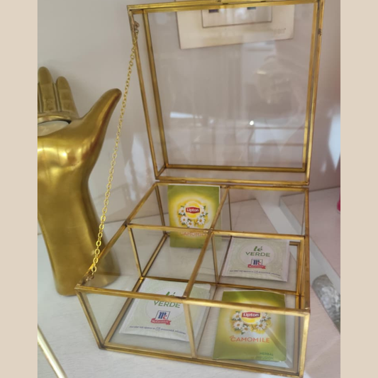 CAJA PARA TE CON TAPA Y BORDE DORADO DE VIDRIO CUADRADO