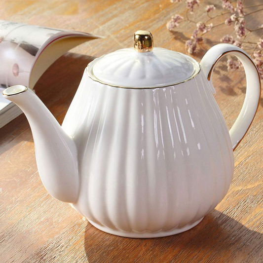 TETERA DE VIDRIO BLANCA CON LINEAS DORADAS