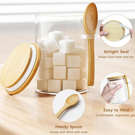 ENVASE DE VIDRIO CON TAPA BAMBU Y CUCHARITA