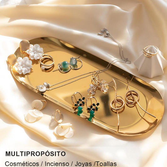 MINI BANDEJA DECORATIVA DORADA DE ACERO INOXIDABLE ALARGADA PEQUEÑA SASCHA FITNESS