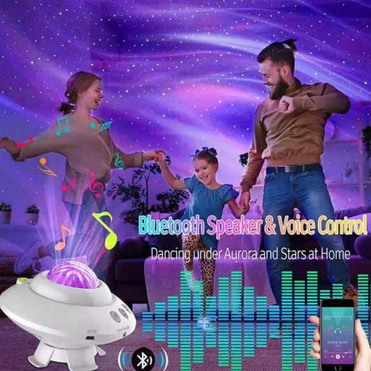 PROYECTOR DEL ESPACIO BLANCO TIPO PLATILLO VOLADOR CON BLUETOOTH