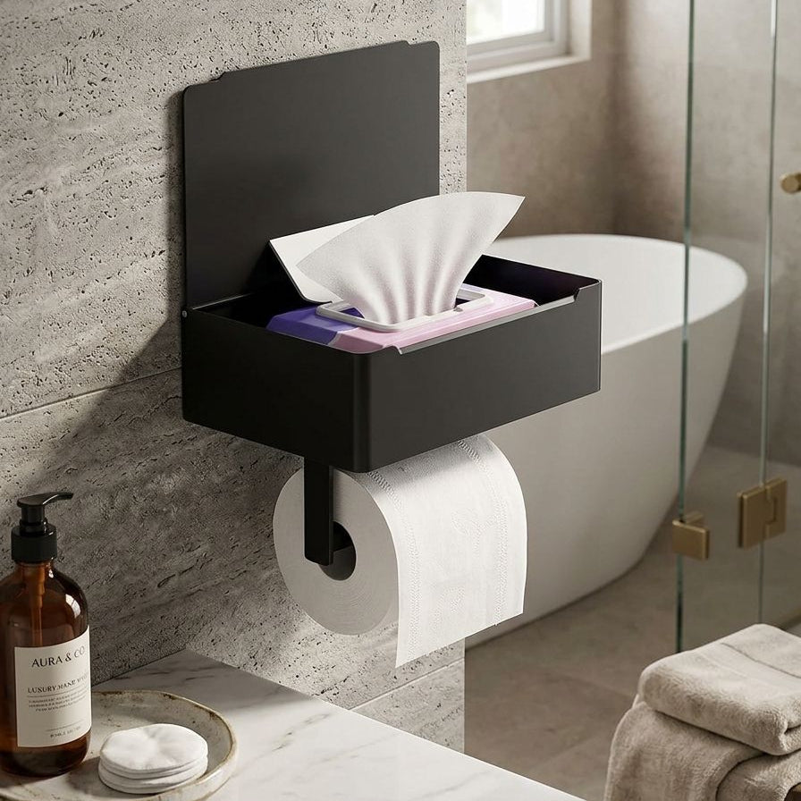 DISPENSADOR DE PAPEL HIGIÉNICO CON BANDEJA DE METAL EN NEGRO