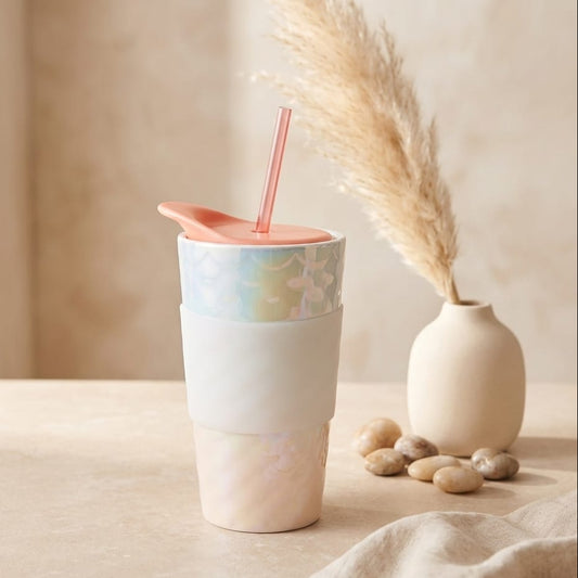 VASO BLANCO TORNASOL TAPA COLOR ROSADO CON PITILLO ROSADO