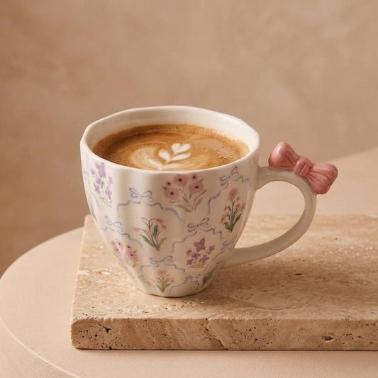 TAZA BLANCA DE FLORES CON LAZO ROSADO EN EL ASA