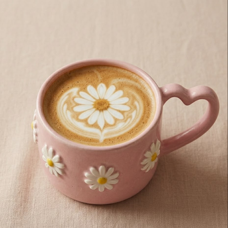 TAZA ROSADA DE FLORES BLANCAS Y ASA DE CORAZON