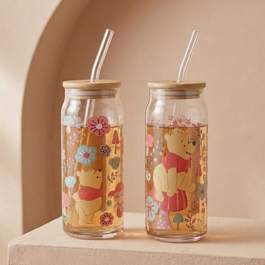 SET DE 2 VASOS REDONDOS CON TAPA Y PITILLO ESTAMPADO ANIMADO