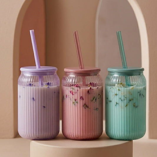 VASO DE VIDRIO CON TAPA Y PITILLO DE COLOR