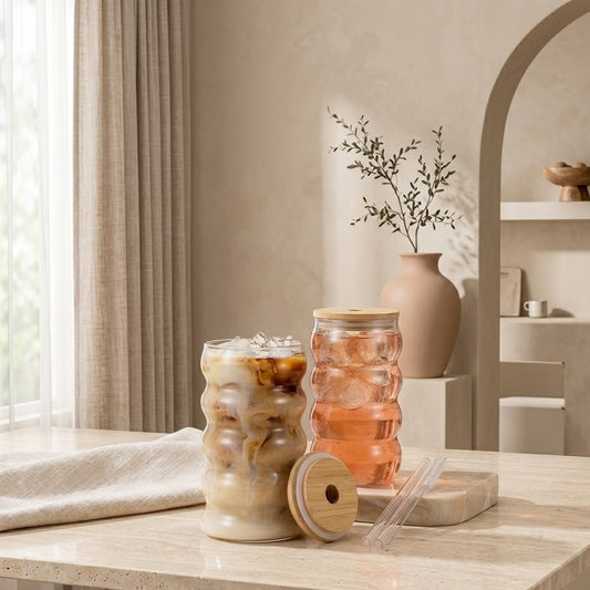 SET DE 2 VASOS DE VIDRIO CON 5 ONDAS DE TAPA MADERA Y PITILLO