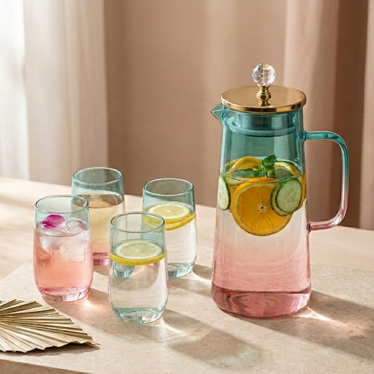 SET DE 4 VASOS Y JARRA DE VIDRIO DE COLORES