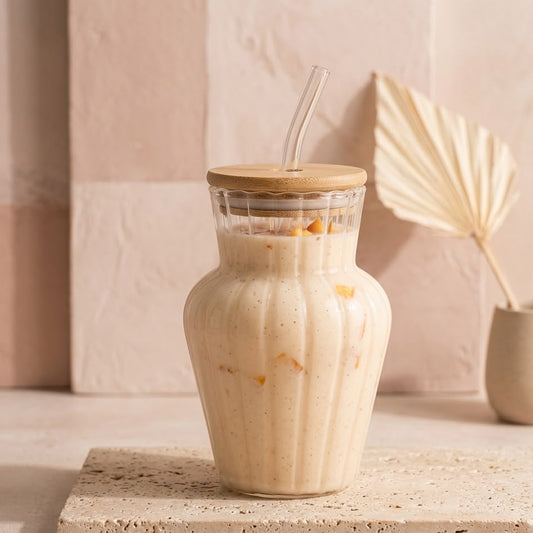 VASO CON TAPA Y PITILLO DE VIDRIO CUELLO ALTO