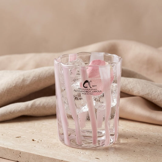 ENVASE DE VIDRIO CON LINEAS ROSADAS IRREGULAR PEQUEÑO