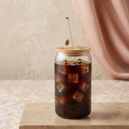 VASO DE VIDRIO REDONDO CON TAPA DE MADERA Y PITILLO PEQUEÑO CADA UNO