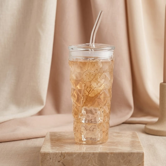 VASO DE VIDRIO CON TAPA DE VIDRIO Y TEXTURA DE TRIANGULO