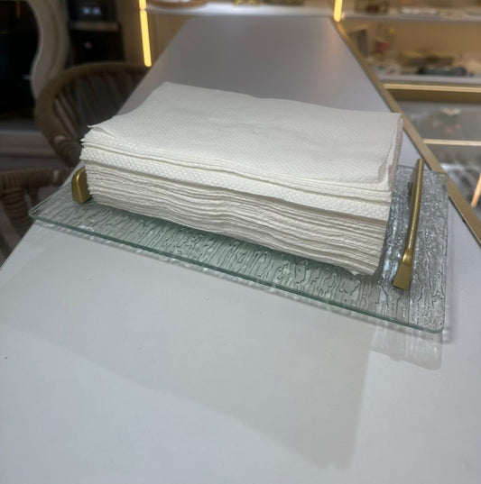 BANDEJA RECTANGULAR TRANSPARENTE PARA SERVILLETAS CON ASAS DORADAS