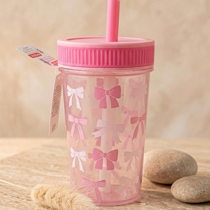 VASO DE PLASTICO CON TAPA Y PITILLO DE LAZOS