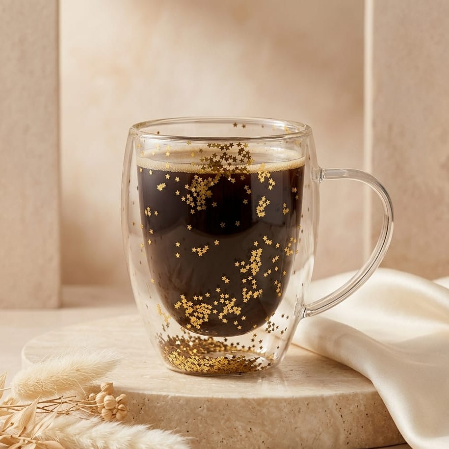 TAZA DE VIDRIO TRANSPARENTE DOBLE CAPA CON ESTRELLAS DORADAS EN EL FONDO